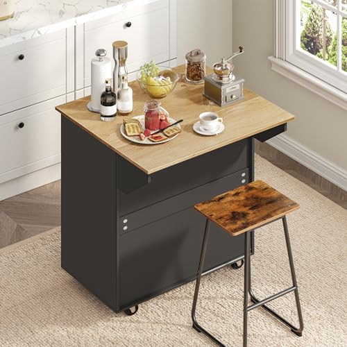 Kitchen Island on Wheels with Drop Leaf, Folding Countertop Kitchen Island Cart, Kitchen Island Table with Towel Rack, Drawer, for Kitchen, Dining Room, White and Natural KINW12501
