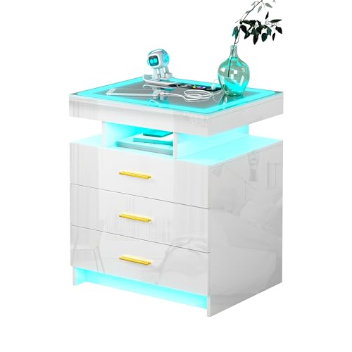HNEBC LED Nightstand with Wireless Charging Station, Night Stand with 3 Drawers for Bedroom Furniture,End Side Table has Dancing Lights, 20 Color Dimmable Auto Sensor Modern Bedside Table Black