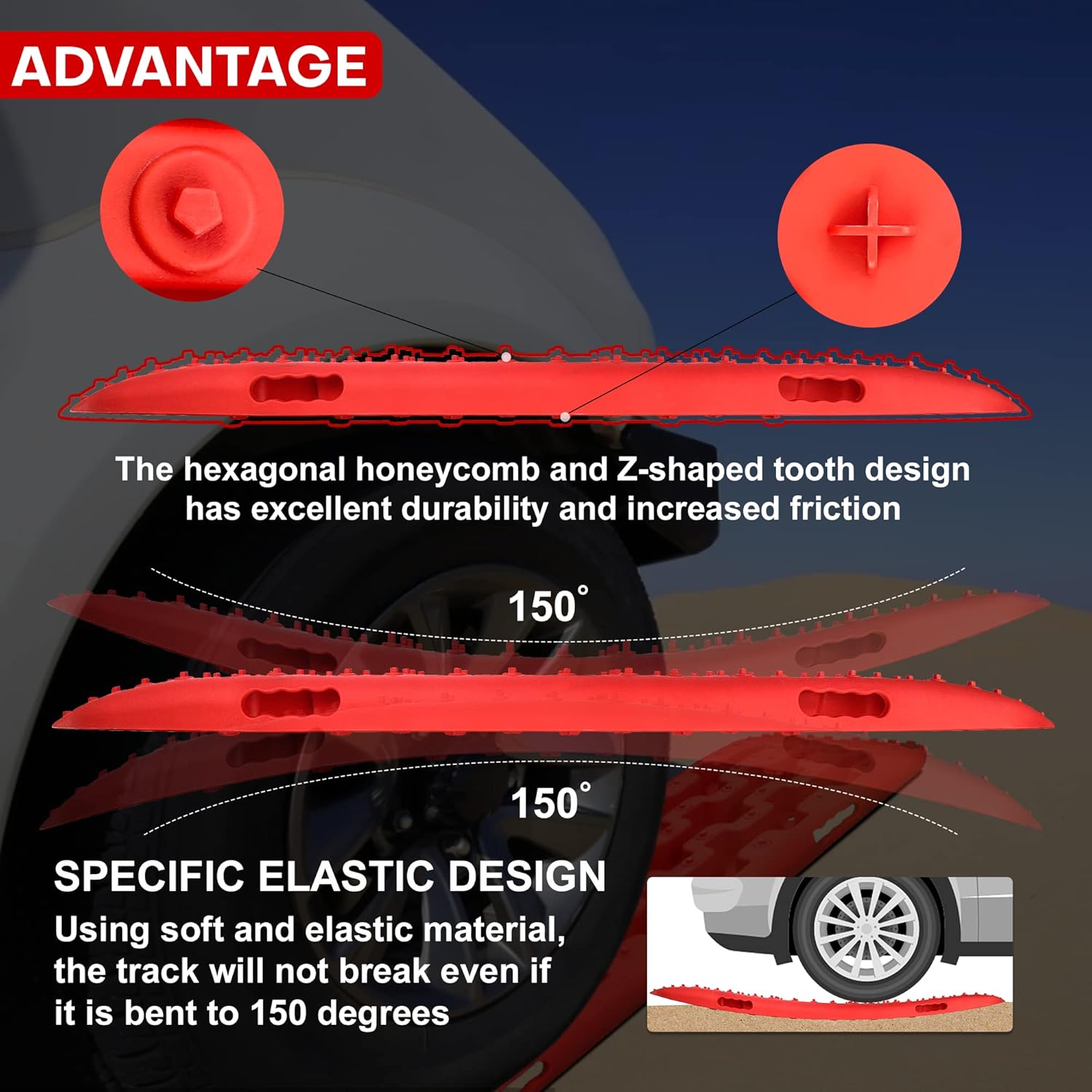 YIYITOOLS Recovery Traction Tracks 2 Piece, Tire Traction Mats for Off Road Mud Sand Snow, 4WD Tire Ladder Lift Mat for Cars Trucks SUVs Vehicle Extraction, Red