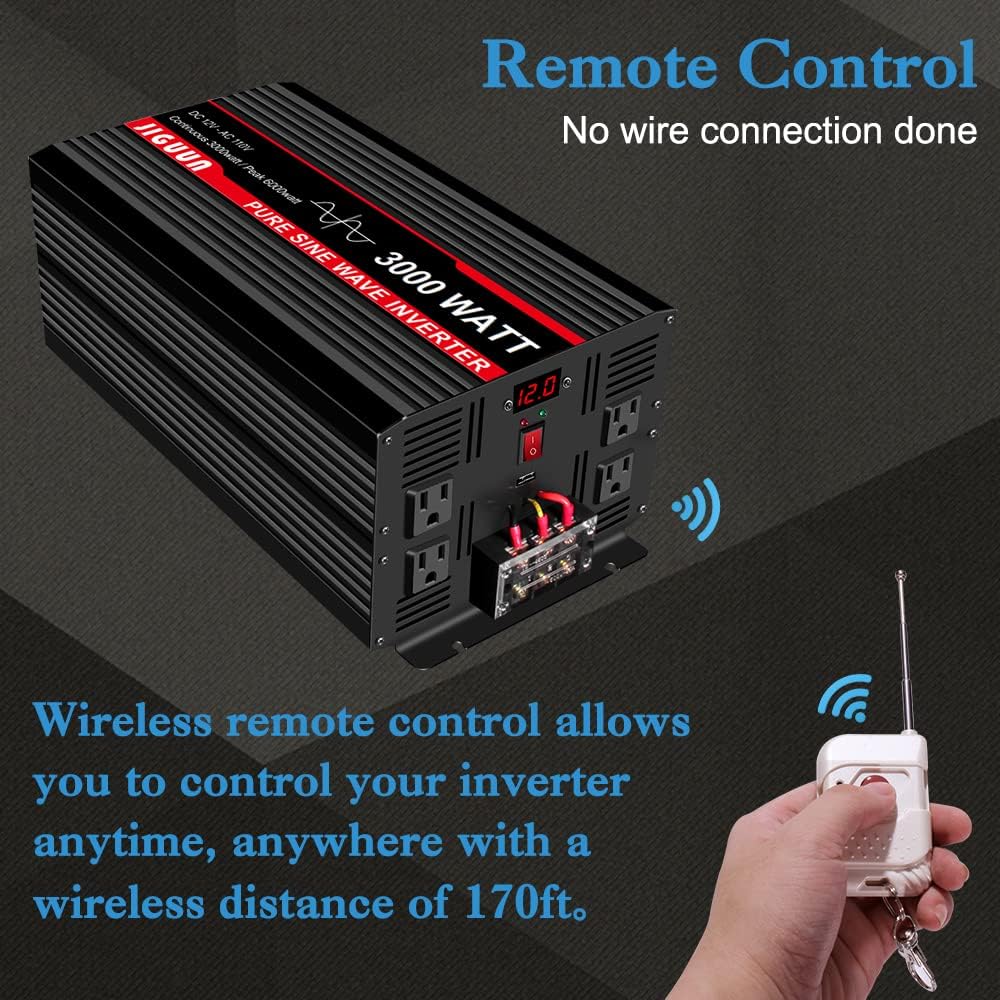 JIGUUN 3000 Watt/6000 Watt Pure Sine Wave Inverter, Power Converter 12V DC to 110v/120v AC, Car Inverter with 4 AC Outlets&USB Port 170ft Wireless Remote Control for RV Camping Truck(3000W-12V)