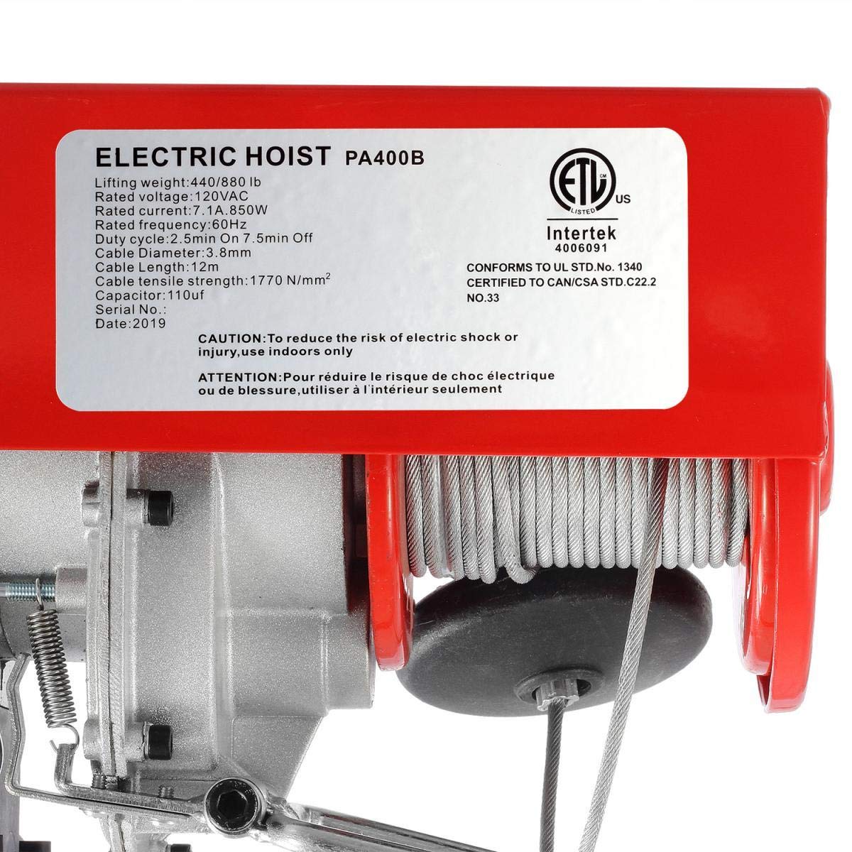 Partsam 880lbs Automatic Lift Electric Cable Hoist with Wireless Remote Control 110V Overhead Crane Garage Ceiling Pulley Winch w Towing Strap Sling, Electric Wire Rope Hoist, 38ft Lifting Height