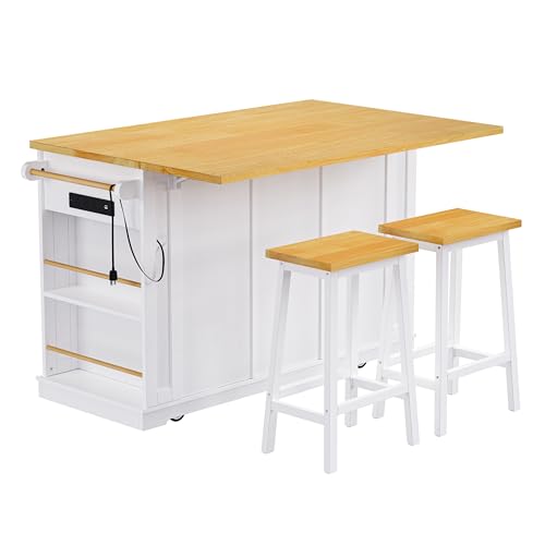 53" Rolling Large Kitchen Island Set with Power Outlet,Mobile Carts with Storage Cabinet,Extra Drop Leaf,3 Drawers and 5 Open Side Racks,Wood Table for Dining Room (Island & Stools)