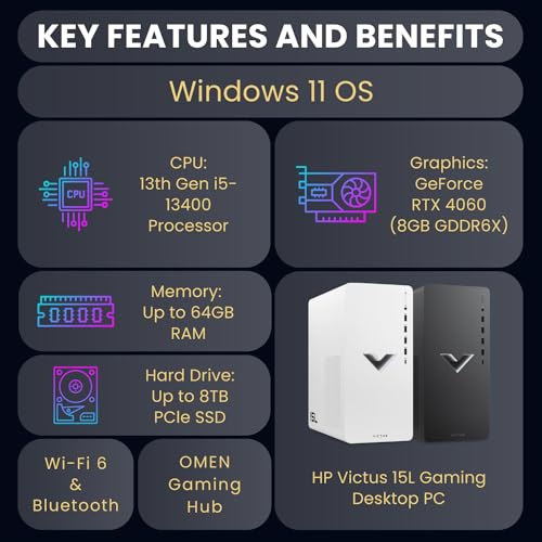 HP Victus 15L i7 RTX 4060 Premium Gaming Desktop, Intel i7-14700F (Beats Intel i9-12900F), GeForce RTX 4060, 32GB RAM, 2TB SSD, RJ-45, DisplayPort, Wi-Fi 6, Windows 11 Pro, Black