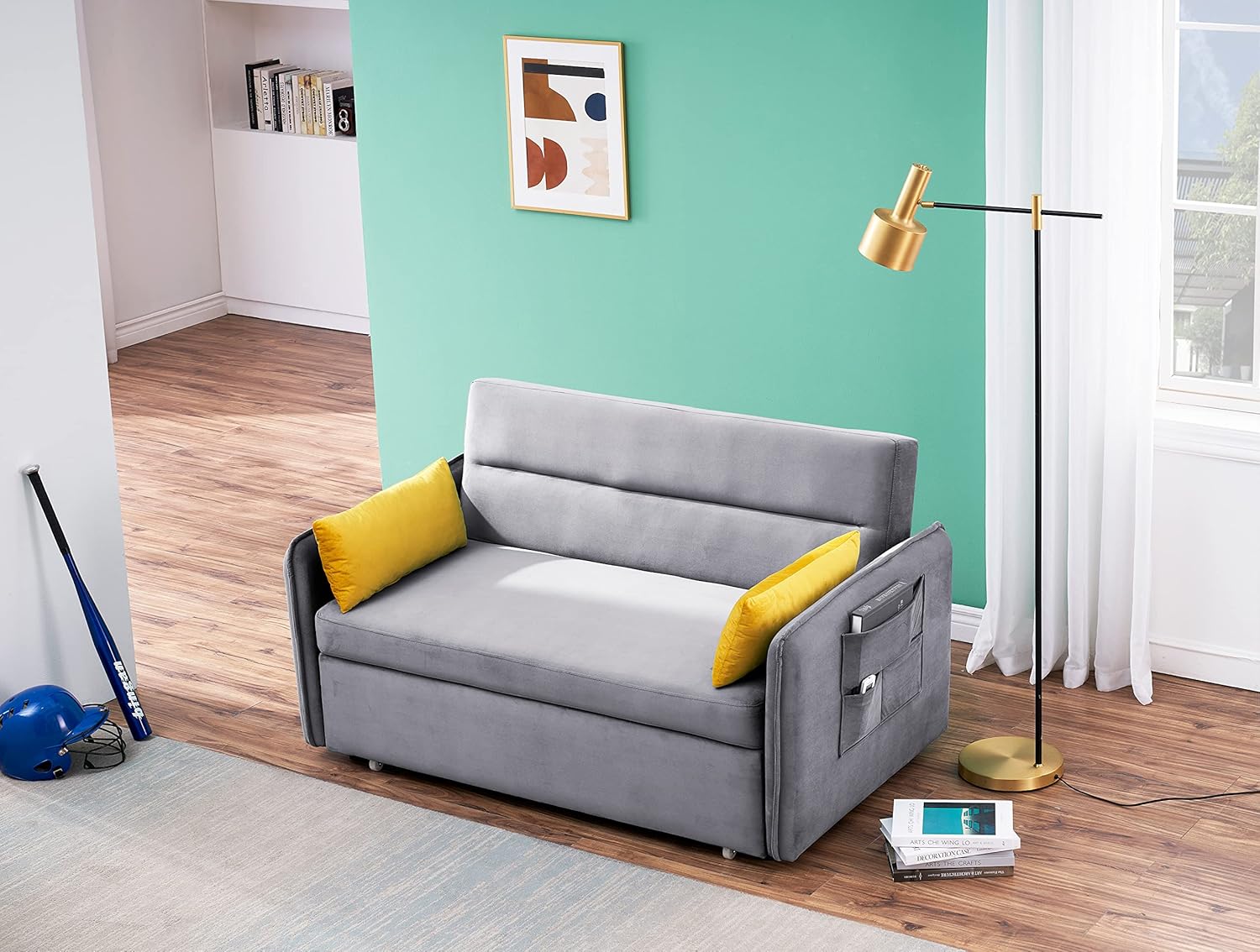 54" Pull Out Sofa Bed with Adjustable Backrest/2 Pillows/Storage Pocket, Velvet Loveseat Sleeper Sofa, Save Space Compact Couch for Living Room and Home Office
