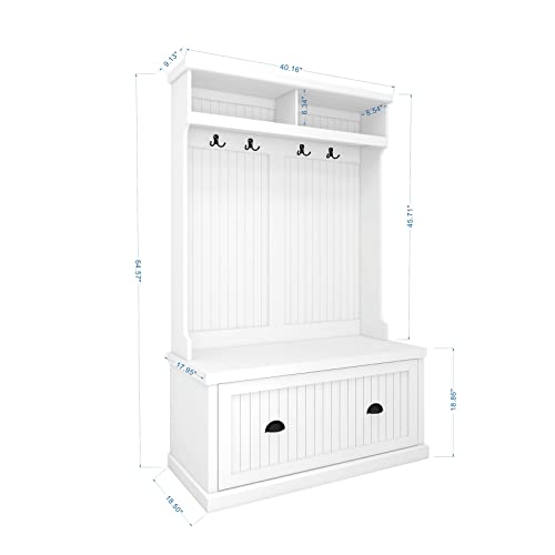 BNSPLY Hall Tree with Bench and Shoe Storage, 3 in 1 Entryway Bench with Coat Rack, Mudroom Bench with 4 Double Hooks, Entryway Furniture for Hallway (White, 40" L x 18.5" W x 64.6" H)