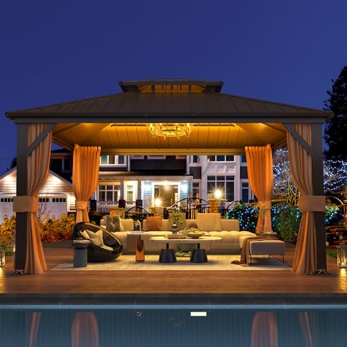 EROMMY 14'x20' Hardtop Gazebo Double Roof Galvanized Steel Canopy Outdoor Aluminum Frame Permanent Metal Pavilion with Netting and Curtains for Patio Backyard Deck and Lawns