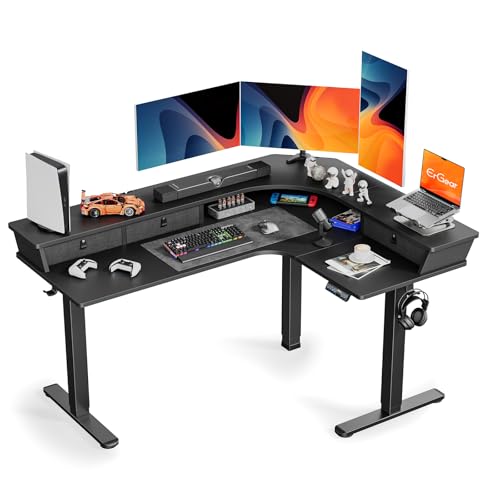 ErGear Electric L Shaped Standing Desk, 65'' Height Adjustable Corner Stand up Desk with Storage Drawers & Cable Management Trays, Modern Home Office Computer Workstation, Black