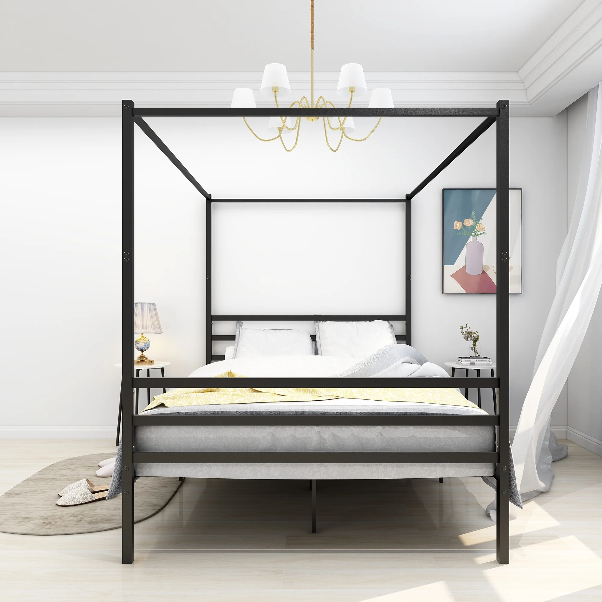 Metal Canopy Bed Frame, Platform Bed Frame Queen with minimalism style Frame , Queen Black