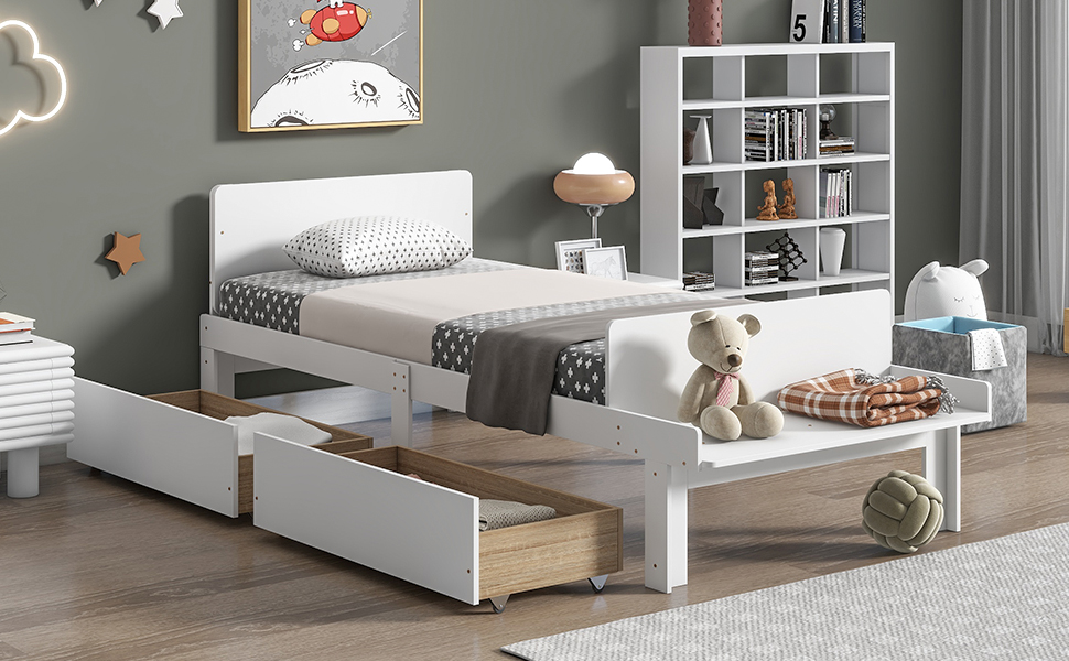 Royard Oaktree Twin Size Bed Wood Platform Bed Frame with Headboard and Footboard Bench Modern Bed Frame with 2 Storage Drawers, White