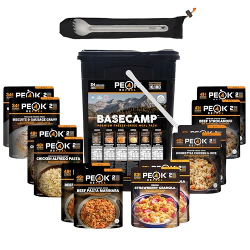 Peak Refuel Essentails Bucket | 100% Real Meat | Premium Freeze-Dried Meals for Backpacking, Camping & Survival | 24 Servings | MRE Emergency Food