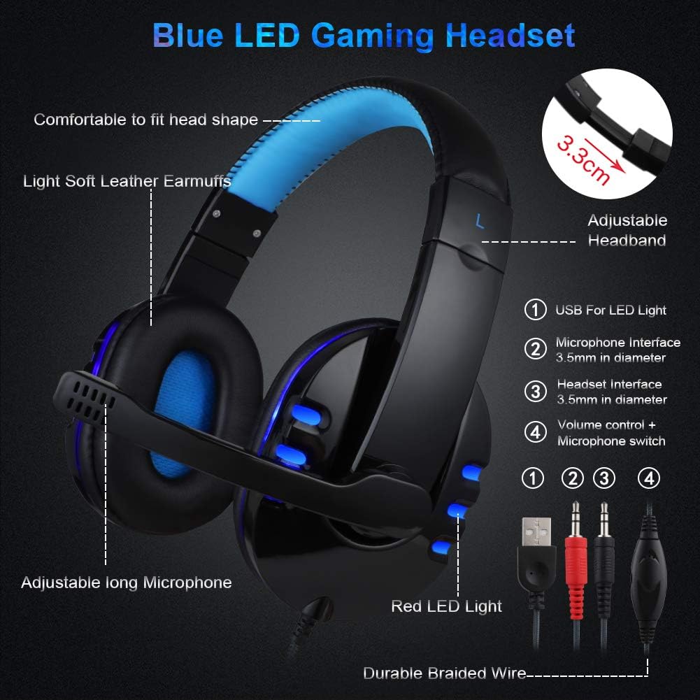 BlueFinger Backlit Gaming Keyboard and Mouse and LED Headset Combo,USB Wired 3 Color Crack Backlit Keyboard,Blue LED Light Gaming Headset,Gaming Keyboard Mouse Headphone Set for Work and Game