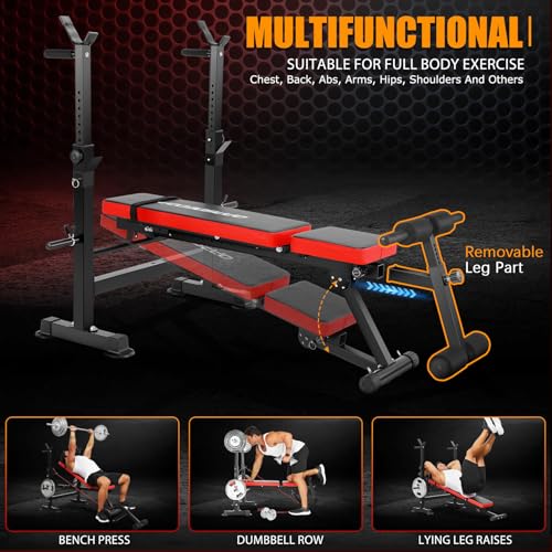 OPPSDECOR Weight Bench Set with Squat Rack, 6 in 1 600lbs Foldable Bench Press Set With Removable Leg Catch, Adjustable Incline Flat Decline Sit Up Workout Bench, Strength Training for Home Gym