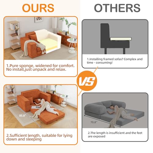 HOMREST 76" Convertible Memory Foam 3-seat Sofa, Pull Out Sleeper Sofa Bed, 2 in 1 Folding Couch Bed, Fold Out Floor Couch Corduroy Fabric with 3 Pillows for Living Room Bedroom Lounge (Grey)