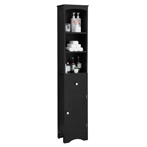 Tall Bathroom Cabinet,Narrow Storage Cabinet,Wooden Bathroom Cupboard with Door and Adjustable Shelf,Three Tier Shelves,Tall Slim Cabinet,Free Standing Linen Tower (Grey)