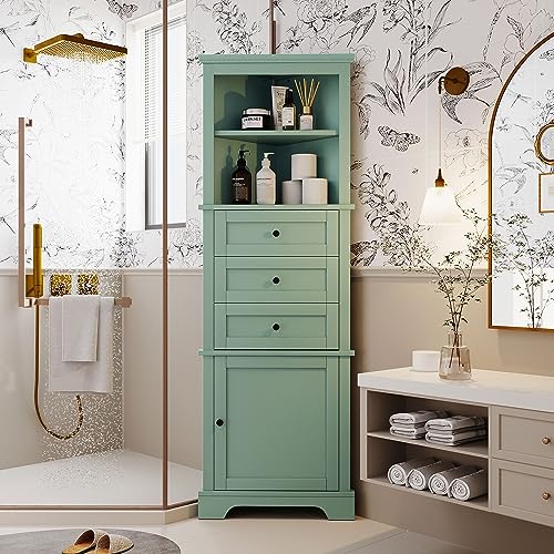 Triangle Tall Corner Cabinet Drawers and Adjustable Shelves Tall Hutch Corner Bar Cabinet with Door for Kitchen Green
