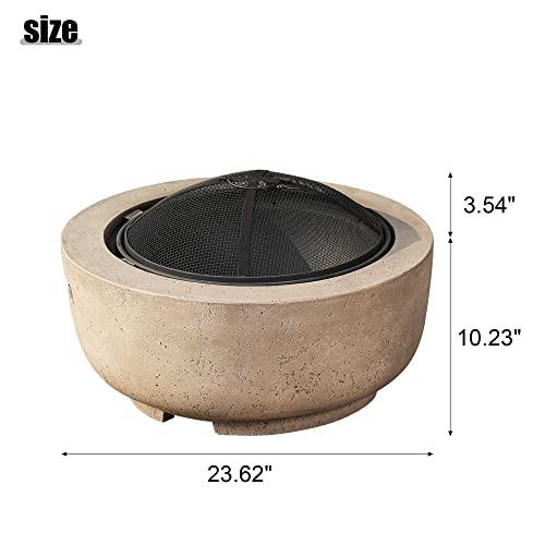 24" Small Round Outdoor FirePit,Concrete Wood Burning Fire Pits Bowl,Faux Stone Clay Firepits Table for Outside Patio,Brown