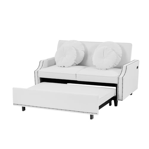 Modern Convertible Sofa Bed with Adjustable Backrest and Pull-Out Bed, Stylish Design 2 Seat Sofa with Pillows and USB Ports, Perfect for Small Spaces, Beige