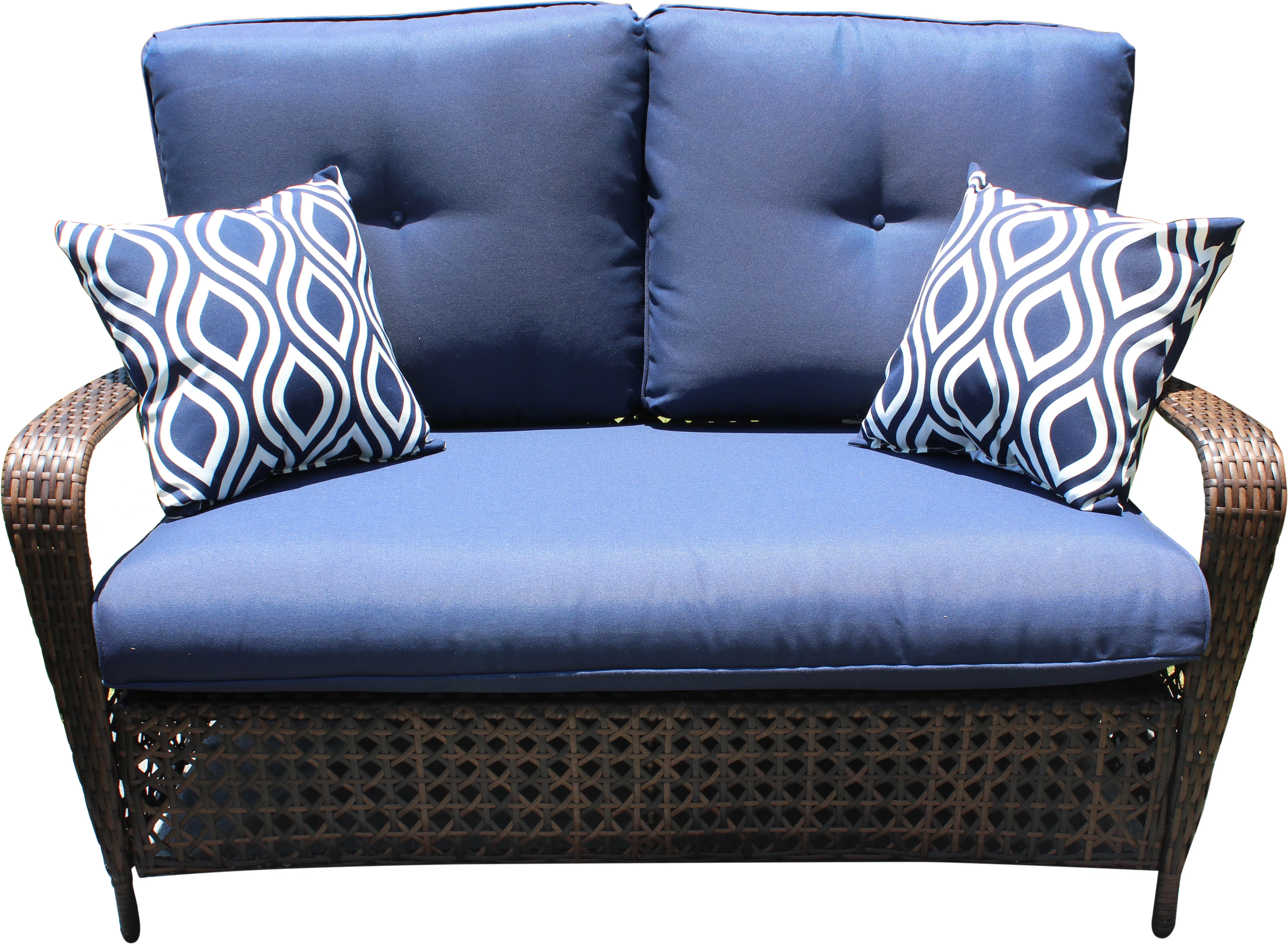 Belle Patio Amber 4 Piece Wicker Outdoor Patio Furniture Conversation Set with 4 Seats, Tempered Glass Table Top, Navy Cushions
