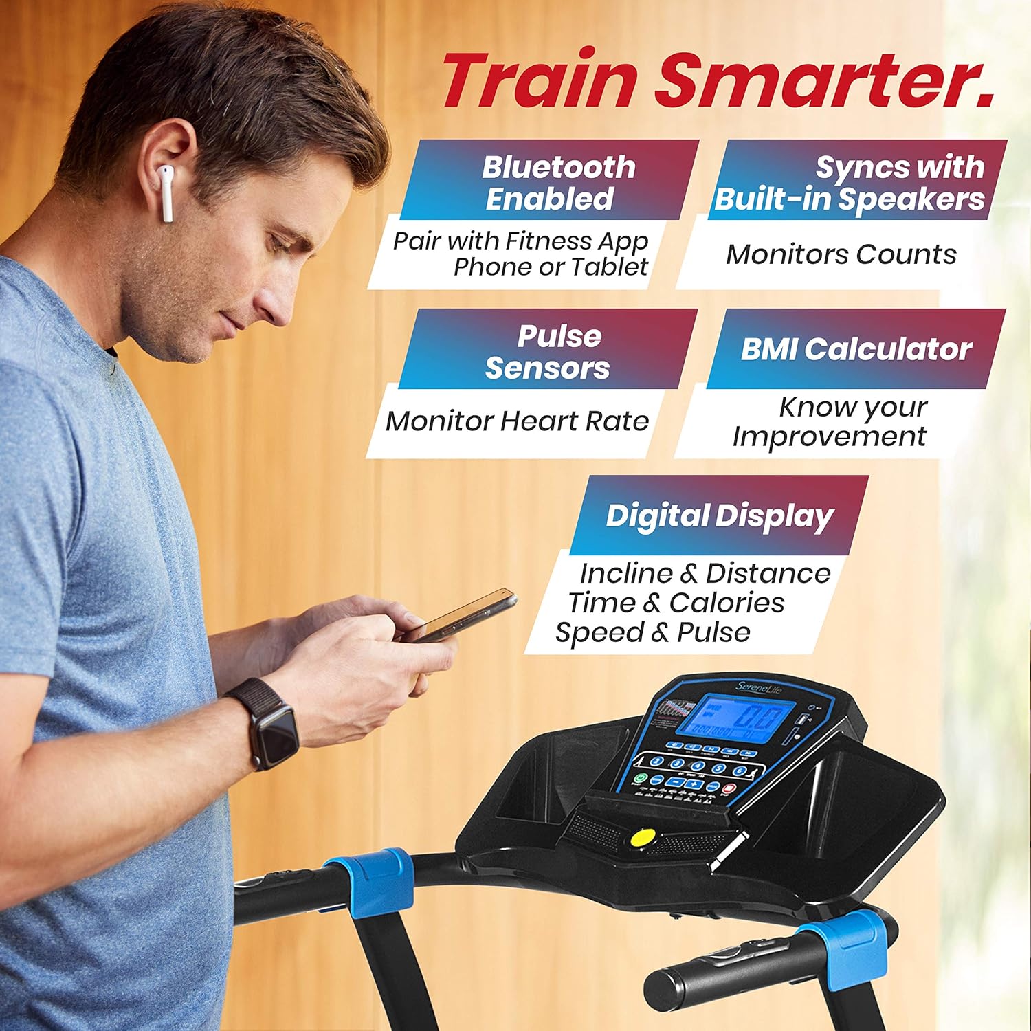 SereneLife Smart Digital Manual Incline Treadmill - Slim Folding Electric 2.5 HP Indoor Home Foldable Fitness Exercise Running Machine with Downloadable App, MP3 Player, Safety Key SLFTRD25.5