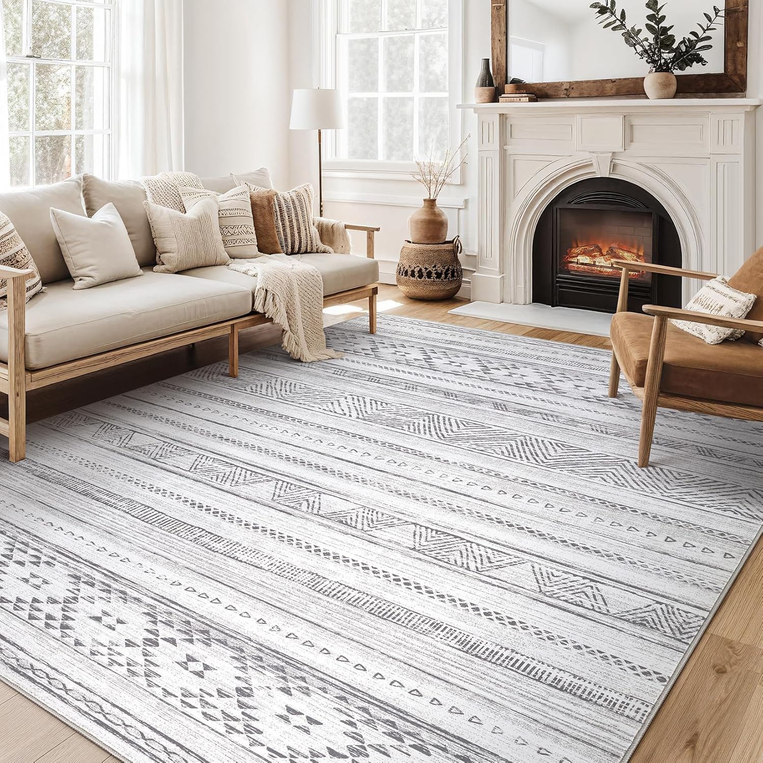 9x12 Area Rugs, Washable Rugs for Living Room, Large Soft Boho Neutral Geometric Moroccan Rug for Bedroom Dining Room, Non Slip Indoor Thin Carpet for Home Office, Cream Grey