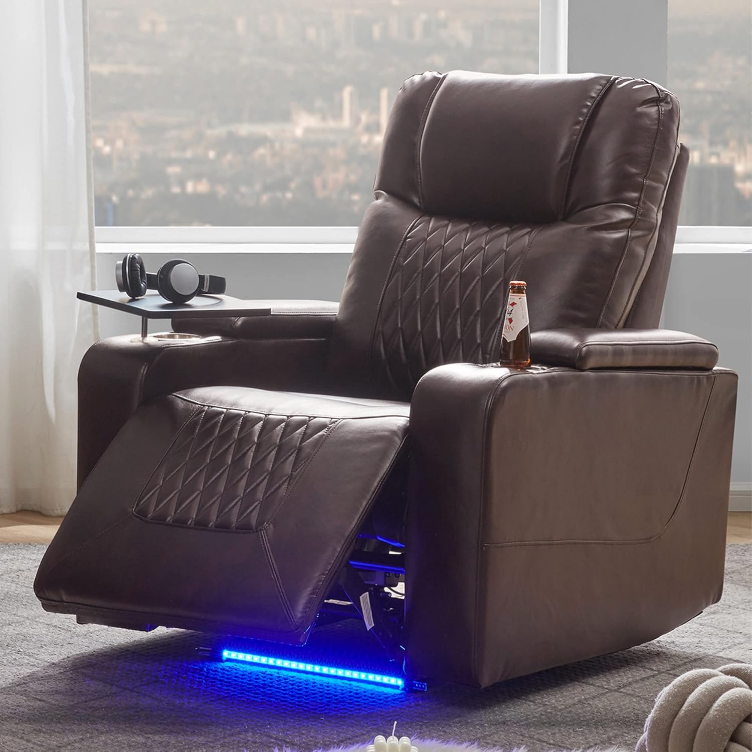 Power Motion Chair with USB Charging Port and Hidden Arm Storage 2 Convenient Cup Holders Design and 360° Swivel Tray Table,Assisted Reclining Furniture for Elderly & Disabled, Brown