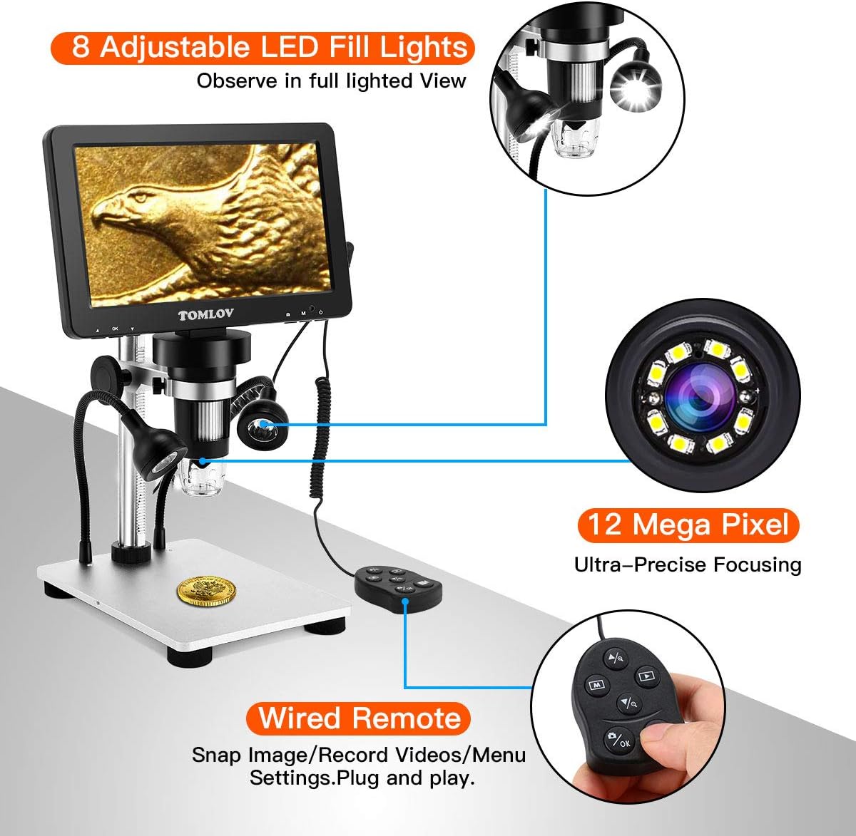 TOMLOV DM9 7" LCD Digital Microscope 1200X, 1080P Video Microscope with Metal Stand, 12MP Ultra-Precise Focusing, LED Fill Lights, PC View, Windows/Mac OS Compatible, with SD Card, Model- DM9