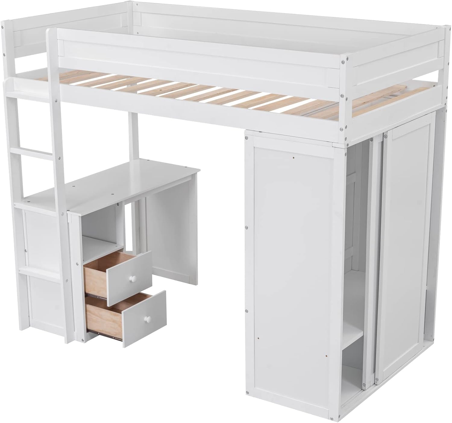 Modern Twin Loft Bed with Desk and Wardrobe, Wooden Twin Size Loft Bed with Storage Drawers for Girls Boys Teens,No Box Spring Needed, White