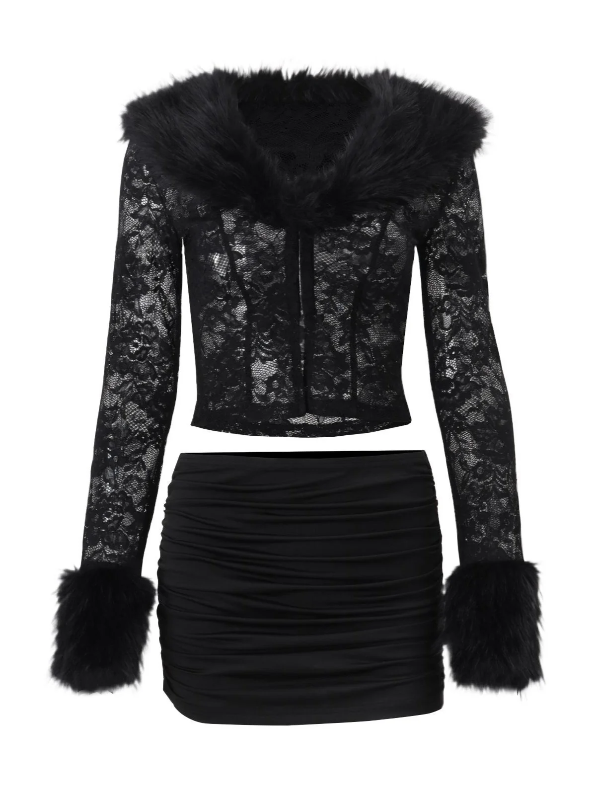 ’Femme Fatale' Lace & Plush Long-Sleeve Top & Mini Skirt 2 Pcs Set