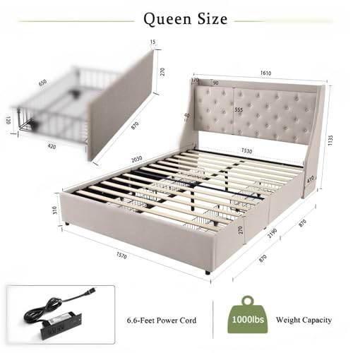 Full Size Bed Frame with Charging Station,Upholstered Platform Bed with Button Tufted Storage Headboard Wingback and 4 Storage Drawers,No Need for a Box Spring, Wood Slat Support, Easy to Assemble