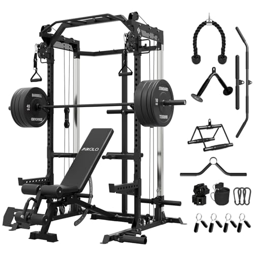 Mikolo Power Cage, 2000LB Power Rack with Independent Dual Pulley System, Multi-Function Home Gym Workout Machine for Cable Crossover