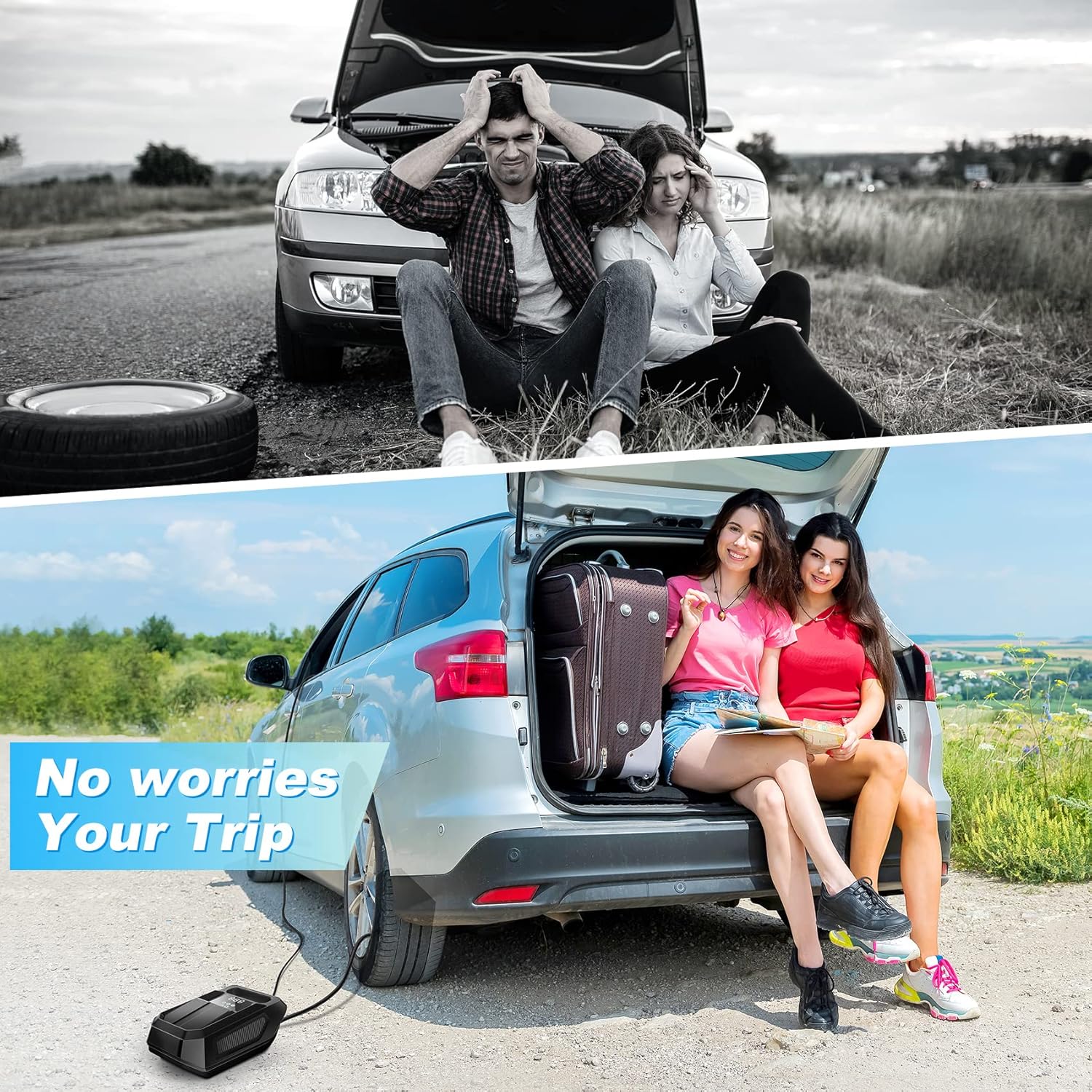 FBK Tire Inflator Portable Air Compressor 12V DC Car Air Pump with Digital Display, LED Light, Auto Shut Off Function, Set of Nozzle Adaptors for Car, Motorcycle, Bicycle, Ball, and Other Inflatables