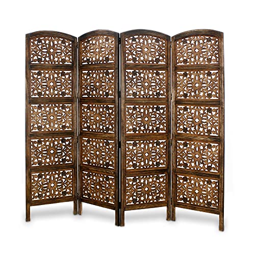 Room Divider Wood Screen - Ghanti Bells Antique Brown - 4 Panel Folding 72 x 80 - Assembled Hand Carved Decorative Functional Versatile Portable Partition Reversible Privacy Boho - COTTON CRAFT