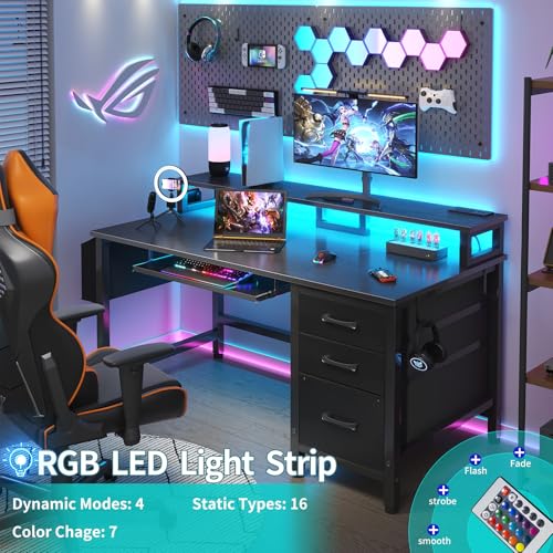 Lufeiya Computer Desk with File Drawers Cabinet, 47 Inch Home Office Desks with Keyboard Tray, Gaming Desk with LED Lights and Power Outlets, Writing Table PC Desks with Monitor Stand, Rustic Brown