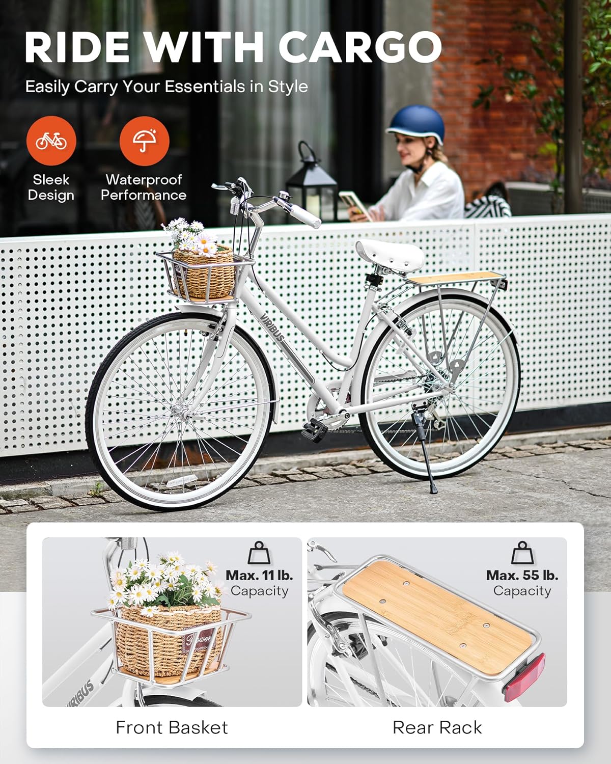 Viribus Hybrid Bike, 700C Road Bike for Women, Lightweight 7 Speed Womens Bike with Basket & Rack, Step Through Hybrid Bicycle, 28 inch Adult Bike for Commuting, Bikes for Women Ladies