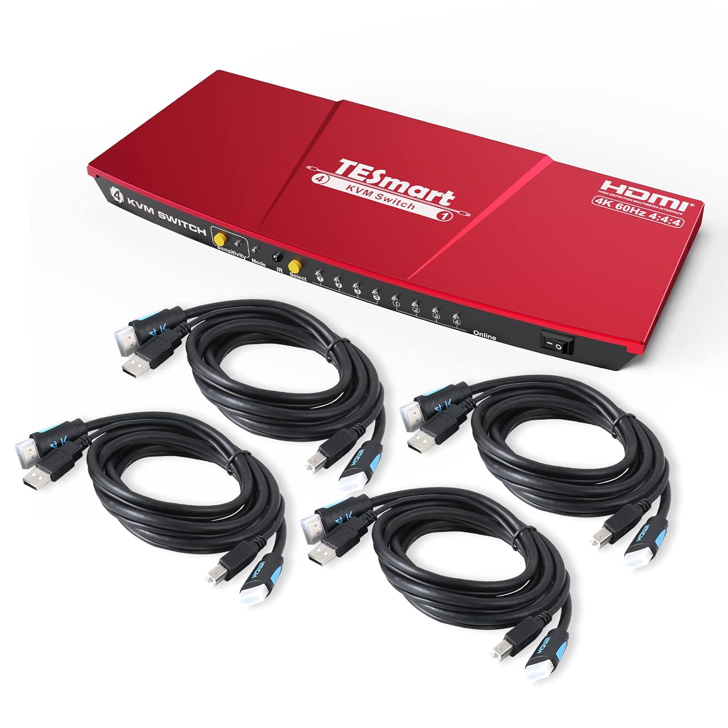 TESmart Newest HDMI KVM Switch 4 Port 4K@60Hz Ultra HD 4x1 with 2 Pcs 5ft KVM Cables Supports Keyboard & Mouse Pass Through USB 2.0 Device (Black)