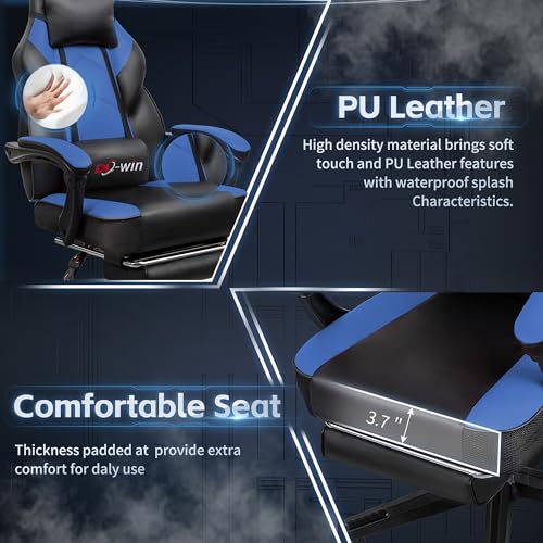 Gaming Chairs for Adults, Computer Chair with Footrest and Ergonomic High Back, Big and Tall Gamer Chairs with Massage Lumbar Support, 360° Swivel Height Adjustable, Blue