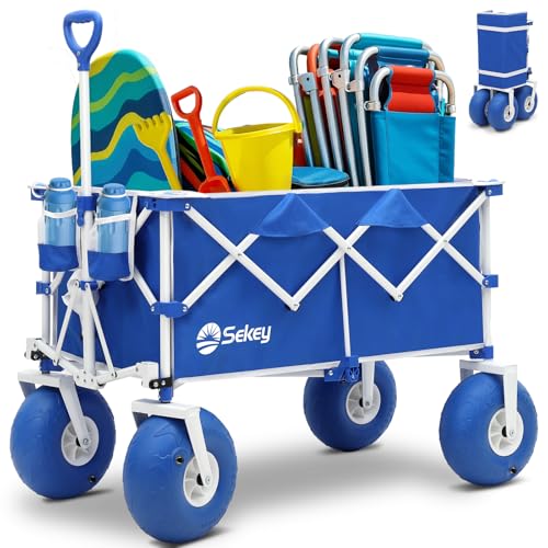 Heavy Duty Beach Wagon with 9" Big Sand-Proof Wheels – 440lb Capacity, Sekey 200L Oversized Foldable Cart | Adjustable Handle & All-Terrain Tires for Sand, Camping, Groceries. Blue&White