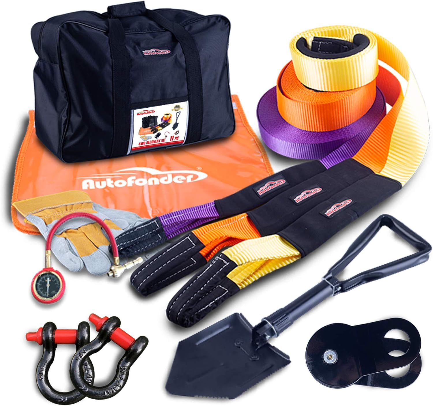 Autofonder Heavy Duty Tow Strap 12T Recovery Kit: 4WD Tow Strap + 3/4 Bow Shackle (2pcs) + Storage Bag (20ft)