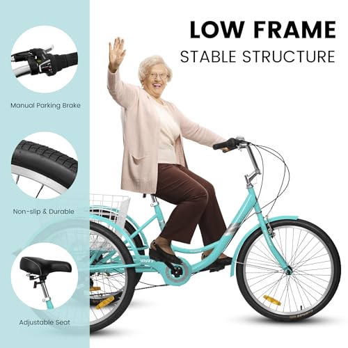 7 Speed Tricycle Single 3 Wheel Bike 24 Inch Trike with Bell Brake System and Basket Carbon Steel Cruiser Bicycles Large Size for Shopping Recreation Seniors Women Men