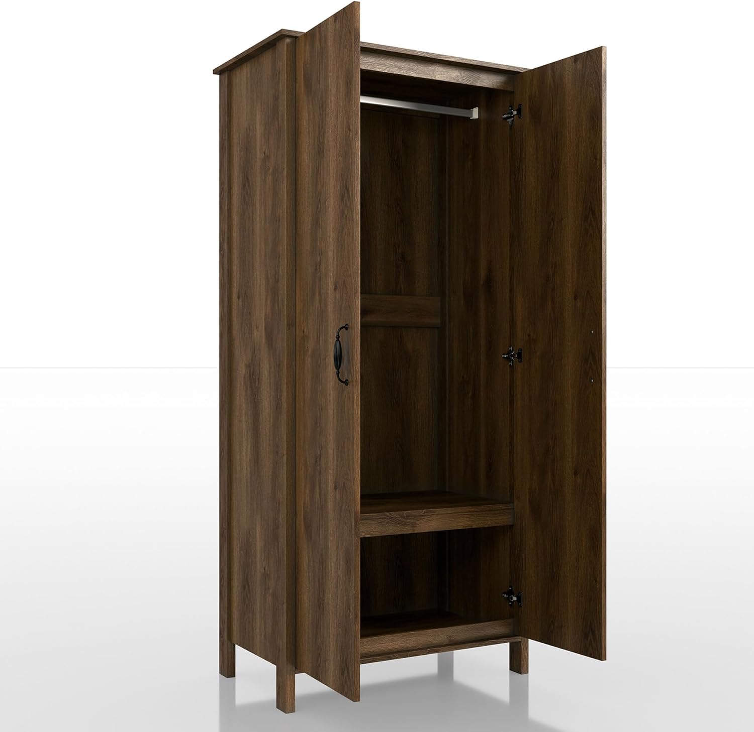 24/7 Shop at Home Piper Farmhouse 2-Doors Wood Armoire Wardrobe Closet with Fixed Shelves and Hanging Rack, Freestanding Clothes Cabinet for Bedroom, Guest room, Basement, Walnut Brown