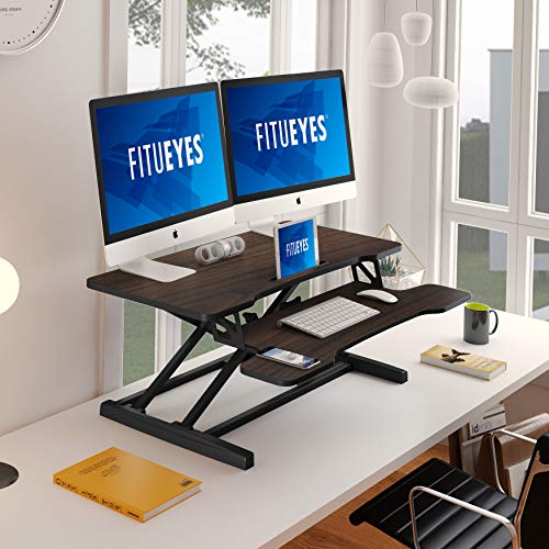 FITUEYES Height Adjustable Standing Desk 36” Wide Sit to Stand Converter Stand Up Desk Tabletop Workstation for Dual Monitor Riser FSD309101WB