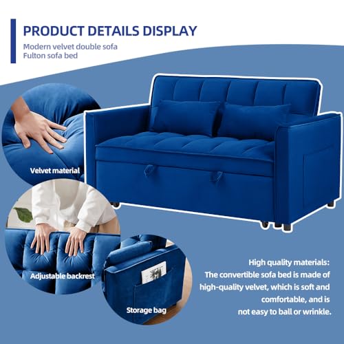 3-In-1 Sleeper Sofa,Velvet Pull Out Sofa Bed，55.1-Inch Futon Convertible Loveseat Sleeper， Love Seat with Adjustable Back, Sleeper Chair with Storage Bag & Pillow, for Living Room, Bedroom (A-Black)