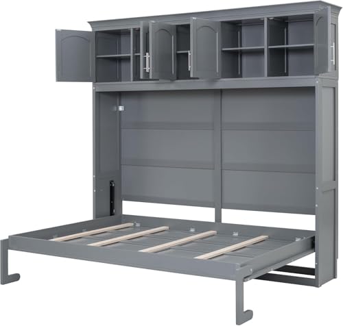 MERITLINE Queen Horizontal Murphy Bed Cabinet with Storage Bookcase Shelves and Charging Station,Wood Folding Grey Murphy Wall Bed for Adult