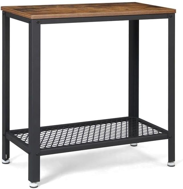Industrial Rustic Brown Side Table with Mesh Shelf Reclaimed Wood Natural Finish