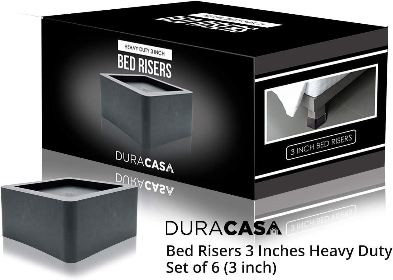DuraCasa 3 Inch Bed Risers - Fits Huge 5.5 Inch Bed or Furniture Post, Creates an Additional 3 Inches of Height or Storage! Heavy-Duty Table, Chair, Desk or Sofa Riser (4, 3 Inch Black)