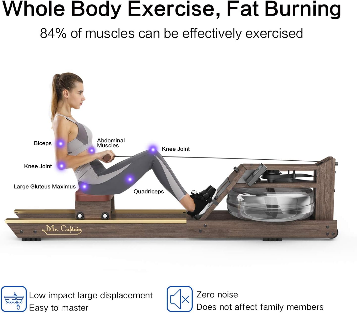 Mr. Captain Rowing Machine for Home Use,Water Resistance Vintage Oak Rower with Bluetooth Monitor