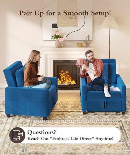 Sleeper Sofa Chair, 3 in 1 Convertible Sleeper Chair with Adjustable Backrest, 32" Pull Out Couch Bed 400lbs Support, Comfy Velvet Small Sofa Bed for Small Space with Pillow & 2 Pockets, Blue
