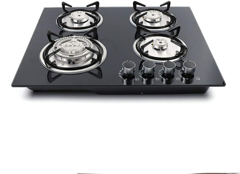 23'' Gas Stove Cooktop, 4 Burner Built-in Stove Tempered Glass LPG/NG Gas Cooktop Home Kitchen Hob Cooker Thermocouple Protection