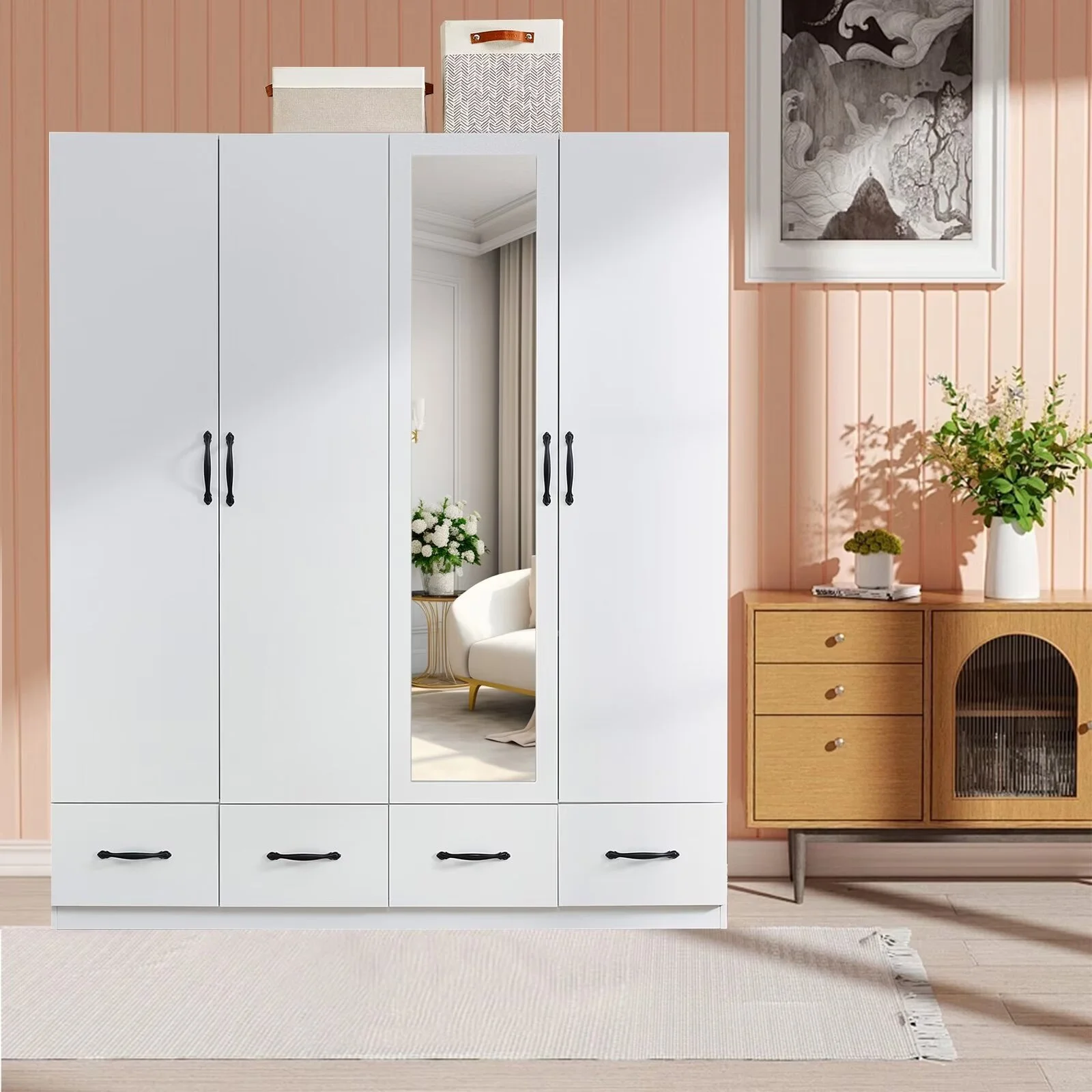 ModMakers 4-Door Wardrobe Armoire Closet | Wardrobe Storage Wood Armoire Wardrobe Cabinet w/ Mirror, 2 Hanging Rods & 4 Drawers, White