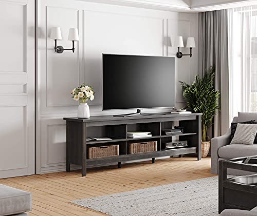 WAMPAT Farmhouse TV Stand for 75 inch TV, Wood Entertainment Center for 80 inch TV Console Table with 6 Storage Cubby for Living Room & Bedroom, 70 inch, Brown